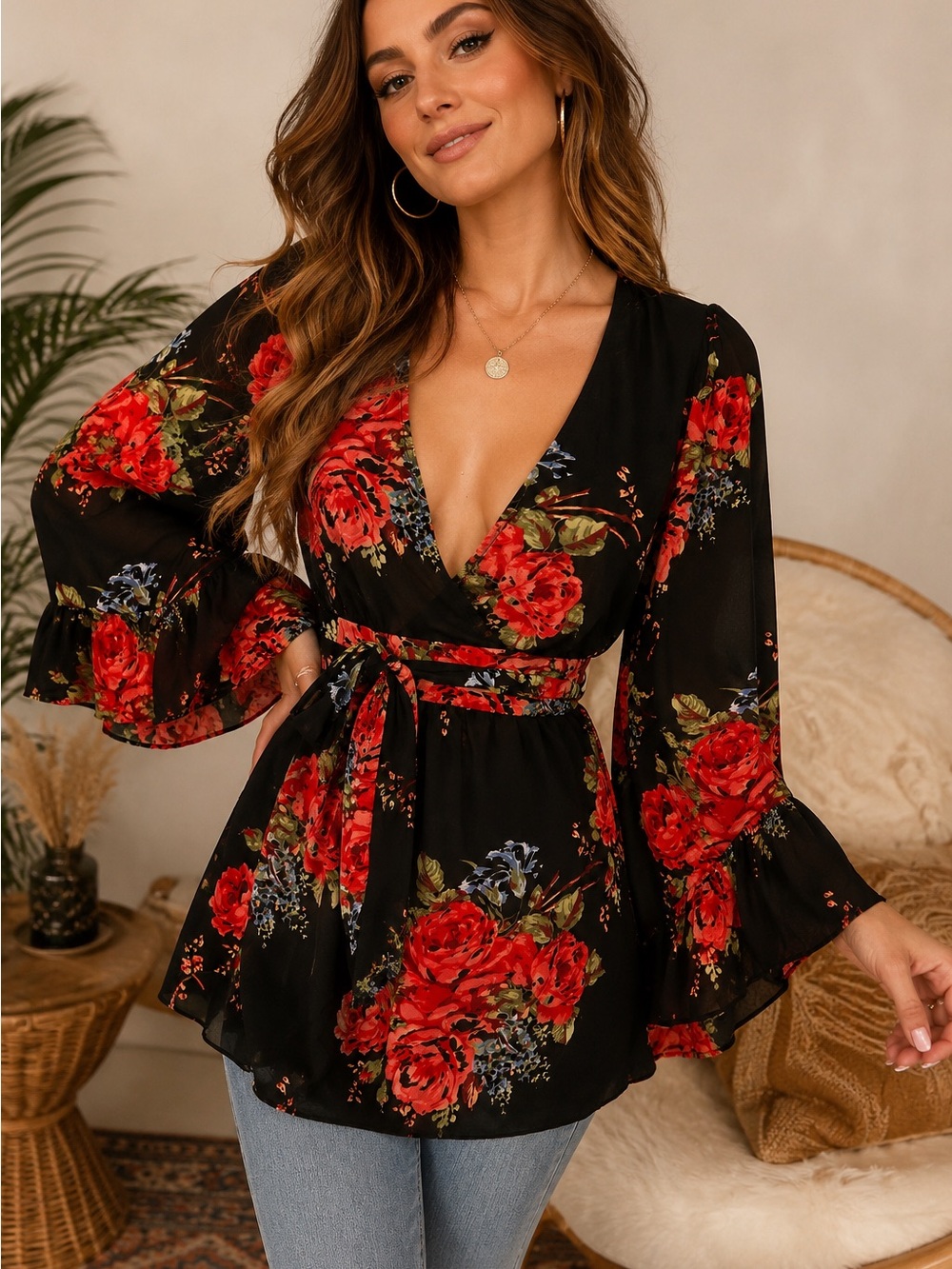 Betsey Johnson Black Floral Wrap Blouse with Red Roses